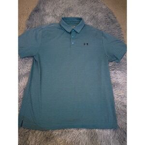 Under Armour Men's‎ L Teal Black Stripe HeatGear Golf Polo Shirt Loose Fit